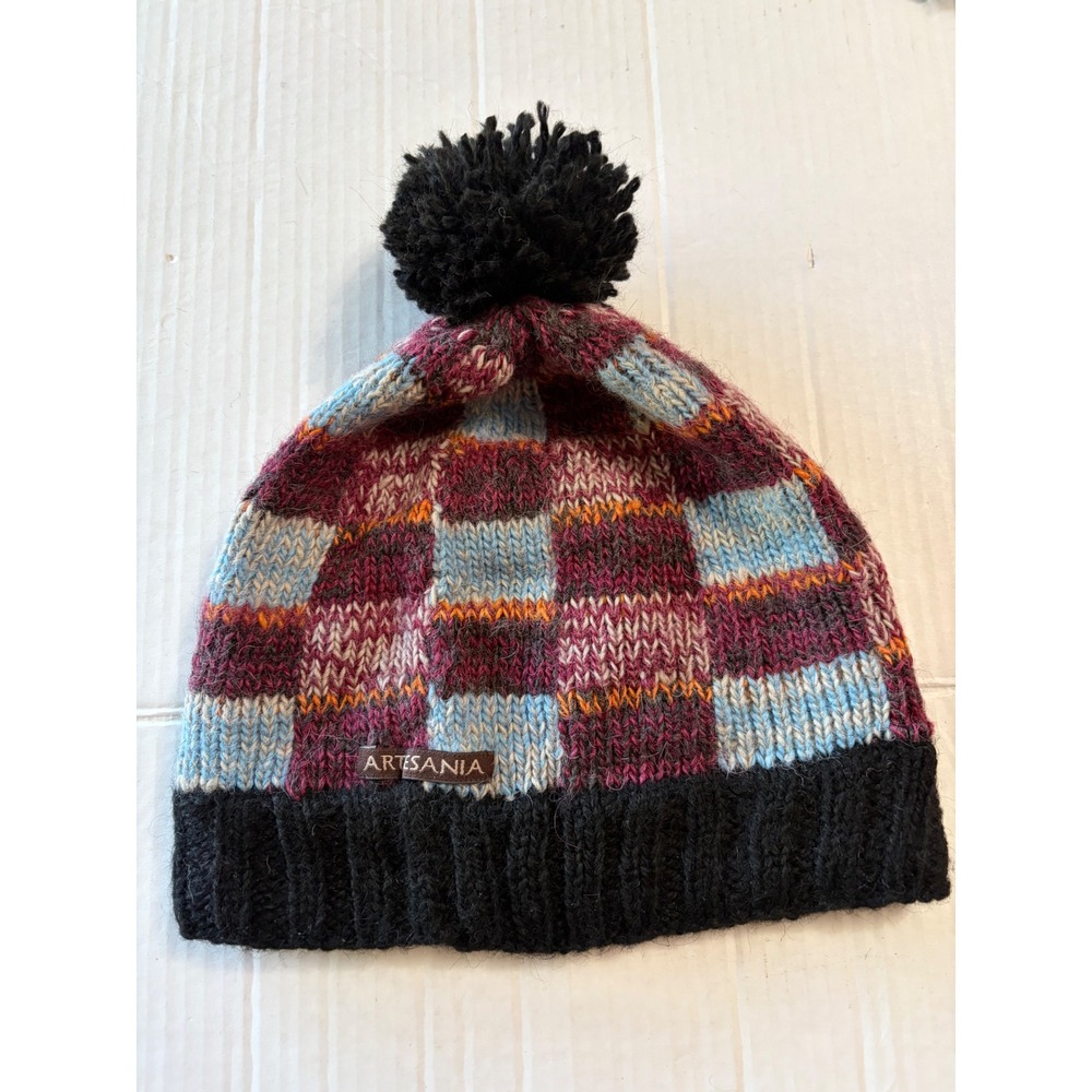 Artesania 100% Alpaca Wool Knit Beanie Hat Pom Pom Multicolor Checkered Bolivia